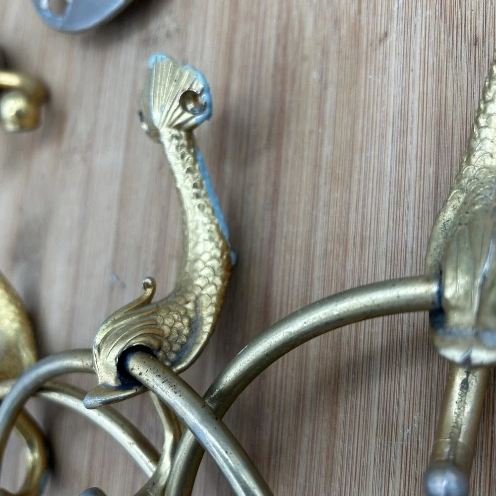 Vtg BRASS‎ Koi Fish (4) Wall Mount Towel Racks, Tissue Set & Tooth Brush/cup